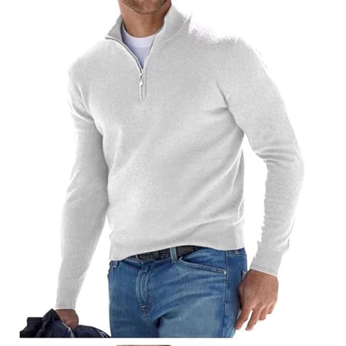 TAITUS Herren Quarter Zip Pullover Pullover Pullover Lässig Weicher Strick Stehkragen Basic Pullover Polo Sweatshirt (White,Small) von TAITUS