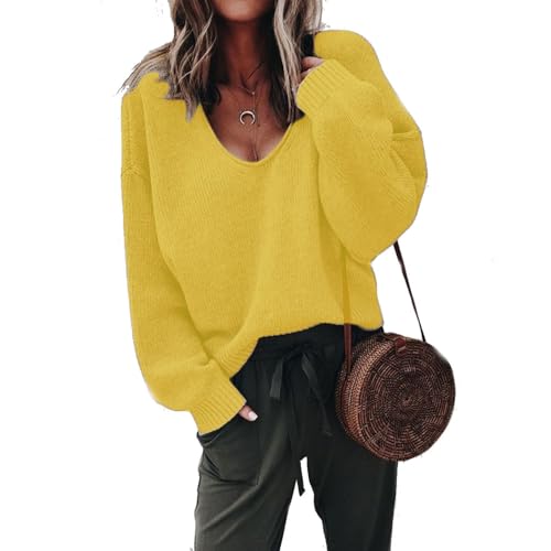 TAITUS Lässiger V-Ausschnitt-Pullover mit Langen Ärmeln für Damen, Langarmshirts für Damen, locker sitzende, leichte Pullover, langärmliger V-Ausschnitt-Pullover für Damen für Winter (M,Light Yellow) von TAITUS