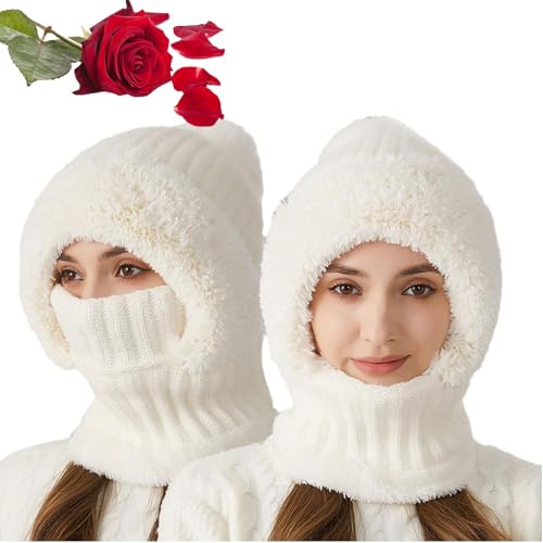 TAITUS Strickmütze für Damen im Herbst und Winter, 3-in-1-Kälteschutzmütze, warme Wintermütze für Damen, windabweisende Schalmütze mit Gesichtsmaske, kälte- und windabweisende (White) von TAITUS