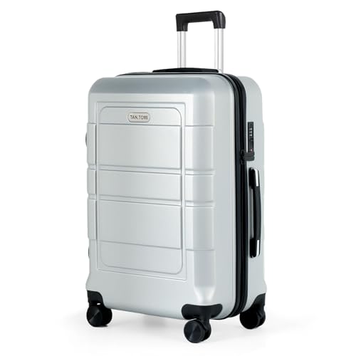 TANTOMI Hartschalen Koffer Trolley, 4 Rollen – 360° Drehbar, Handgepäck Reisekoffer, Aluminium Teleskopstange, Zahlenschloss (L – 65L, Silber) TANTOMI Hartschalen Koffer Trolley, 4 Rollen – 360° Drehbar, Handgepäck Reisekoffer, Aluminium Teleskopstange, Zahlenschloss (L – 65L, Silber) von TANTOMI
