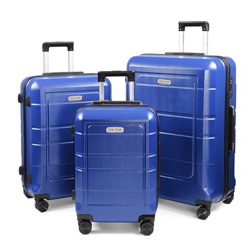 TANTOMI Hartschalen Koffer Set, Trolley 4 Rollen – 360° Drehbar, Handgepäck Reisekoffer, Aluminium Teleskopstange, Zahlenschloss (Set, Blau) von TANTOMI