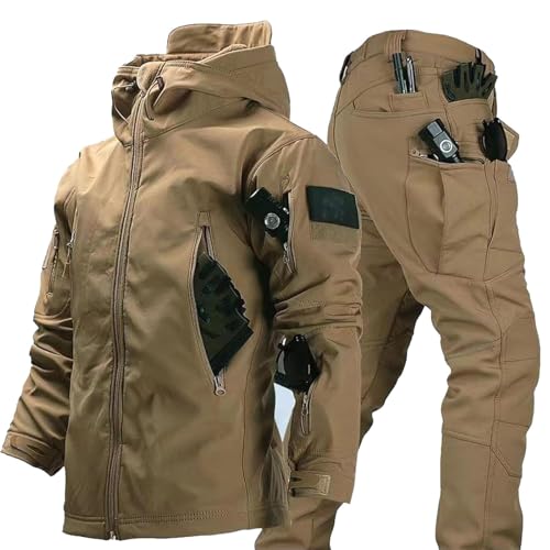 TAUIANE 2025 Neue Softshelljacke FüR Herren, Taktische Jacke Und Hose Im Set, Wasserdichtes, Winddichtes Schneeanzug Set, MilitäRbekleidung, Kampfanzug, Zum Skifahren, Wandern,Khaki,M von TAUIANE