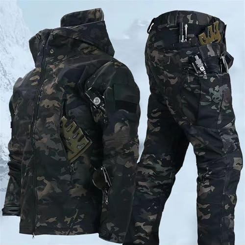 TAUIANE Jagdmantel, Taktische Camouflage Softshelljacke FüR Herren, wasserdichte Kapuzenjacke FüR Oberbekleidung, Armee Kampfanzug Sets, Fleecefutter, Mit Hose, Outdoor,03,XXL von TAUIANE