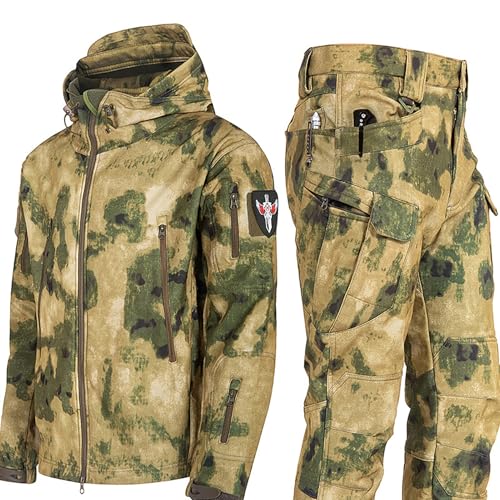 TAUIANE MilitäRische Softshell AnzüGe, Wasserdichter Camouflage MilitäR Uniform Anzug, Taktische Jacke Und Hose FüR Herren, Softshell MäNtel Mit Durchgehendem ReißVerschluss Und Kapuze,007,XL von TAUIANE