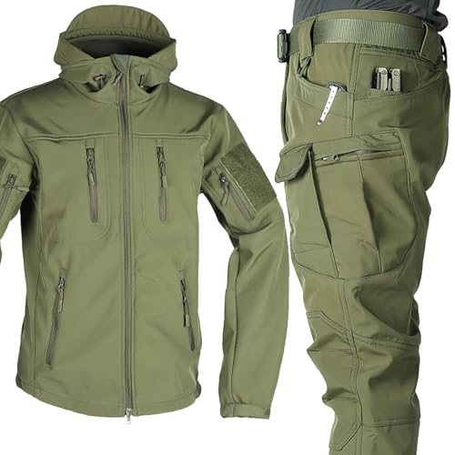 TAUIANE Snowboard-Skianzug FüR Herren, Warme Winterskijacke Mit Kapuze, MilitäRische Softshell AnzüGe, Taktische Jacke Und Hose, wasserdichte Armee Kampfanzug Sets, Zum Skifahren Wandern,Grün,L von TAUIANE