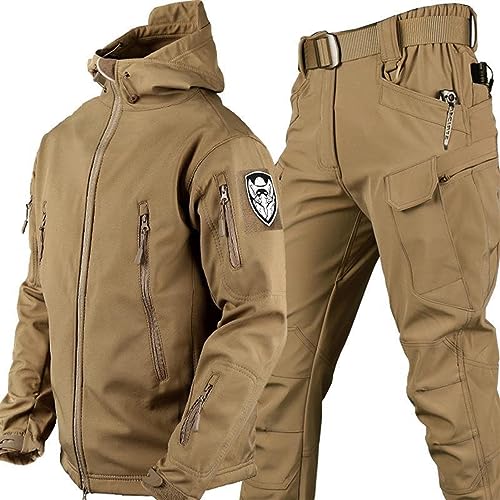 TAUIANE Taktischer Anzug Für Herren, Taktisches Uniform Set, Softshell-Jagdanzug, Outdoor-Bekleidung Mit Camouflage-Muster, Wasserdichter Militär-Kampfanzug Für Herren,Khaki,3XL von TAUIANE