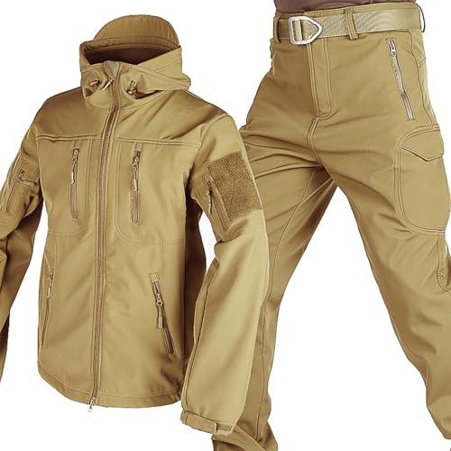 TAUIANE Taktisches Jacken Und Hosen Set FüR Herren Armee Kampfuniform Kleidungs Anzug wasserdichte MilitäRische Softshell AnzüGe Leichte Jacke Mit Fleecefutter Zum Angeln Wandern Camping,Khaki,XL von TAUIANE