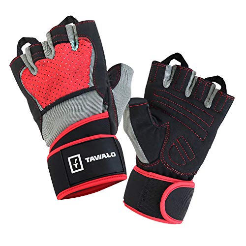 TAVIALO Fitnesshandschuhe, Trainingshandschuhe für Männer, Handschuh Größe L (19-22 cm), doppelte Handfläche, Rot/Grau/Schwarz, AZO- und Phthalatfrei gemäß CE-Standard von TAVIALO
