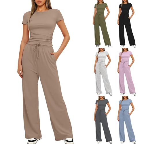 TBACKXH Damen 2-teilige Casual Trainingsanzug Set, Kurzärmliges Plissee Top Und High Waisted Wide Leg Hosen, Sommer Lounge Outfit Für Alle Größen-7-COLOR-1||S von TBACKXH