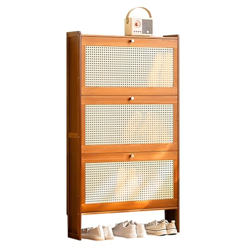 Freistehender Schuhschrank mit Kippbehälter für Eingangsbereich, Flur und Wohnzimmer. Rattan-Schuhregal-Organizer für schmale Aufbewahrung (braun, 50 x 17 x 120 cm). Eine kluge Wahl. Run forward von TBSZCM