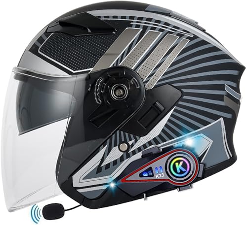 3/4 Bluetooth Motorradhelm Jethelm, DOT/ECE Zertifizierung Motorrad Integrierter Bluetooth-Helm, Scooter Helm Rollerhelm Jet-Helm Mit Doppelspiegel Für Damen Und Herren Erwachsene 4,L=59-60CM von TBTBZXCV