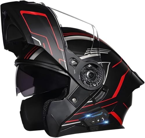 Bluetooth Motorradhelm Klapphelm, Modular Motorradhelm Mit DOT/ECE Zertifiziert, Roller Helm Bluetooth-Helm Mit Doppelvisier, Motorrad Integralhelm Für Damen Und Herren Erwachsene 9,M=57-58CM von TBTBZXCV