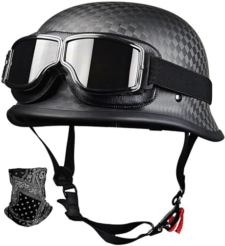 Motorradhelm Deutsche Kohlefaser Motorrad Halbschalenhelm DOT/ECE-Zulassung Retro Jethelm Mit Sonnenbrille Und Schnellverschlussschnallen Für Cruiser Chopper Biker Moped 4,L=59-60CM von TBTBZXCV