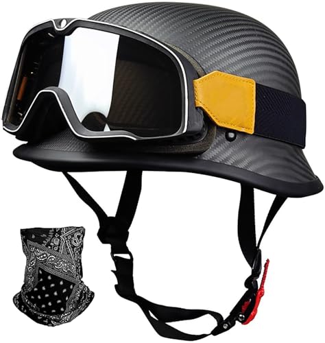 Motorradhelm Deutsche Kohlefaser Motorrad Halbschalenhelm DOT/ECE-Zulassung Retro Jethelm Mit Sonnenbrille Und Schnellverschlussschnallen Für Cruiser Chopper Biker Moped 8,L=59-60CM von TBTBZXCV