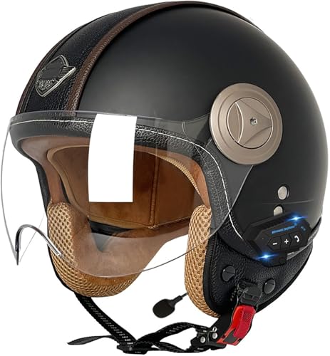 Retro Bluetooth Motorradhelm Halbschalenhelm DOT/ECE-Zulassung Jethelme Offener 3/4 Helm Für Damen Und Herren Erwachsene, Motorrad Halbhelme Open Face Helm Mit Sonnenblende 5,XL=61-62CM von TBTBZXCV