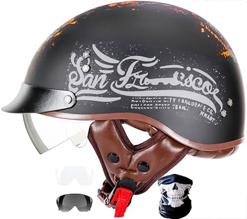 Retro Mopedhelm Jethelm, Vintage Motorrad Helm Mit Visier Schnellverschluss Schnalle Für Cruiser Chopper Biker E-Scooter Roller DOT/ECE-Zulassung Für Herren Damen 7,XXL von TBTBZXCV