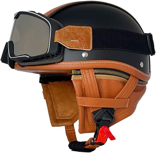 Retro Motorradhelm Lederhelm Jethelme Vintage Mopedhelm Mit Sonnenbrille DOT/ECE Zertifiziert Motorradkreuzer-Rollerhelm Im Deutschen Stil Open Face Helm Für Damen Und Herren 2,XXL=63-64CM von TBTBZXCV