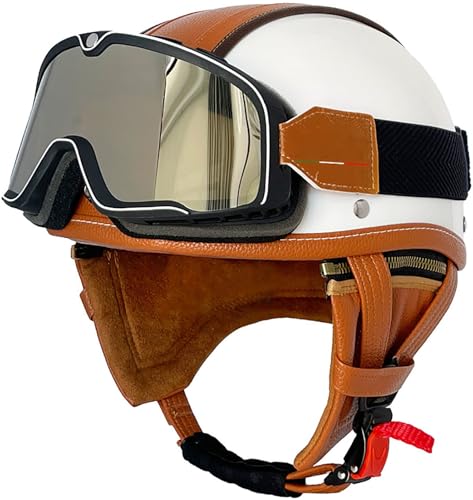 Retro Motorradhelm Lederhelm Jethelme Vintage Mopedhelm Mit Sonnenbrille DOT/ECE Zertifiziert Motorradkreuzer-Rollerhelm Im Deutschen Stil Open Face Helm Für Damen Und Herren 4,XXL=63-64CM von TBTBZXCV