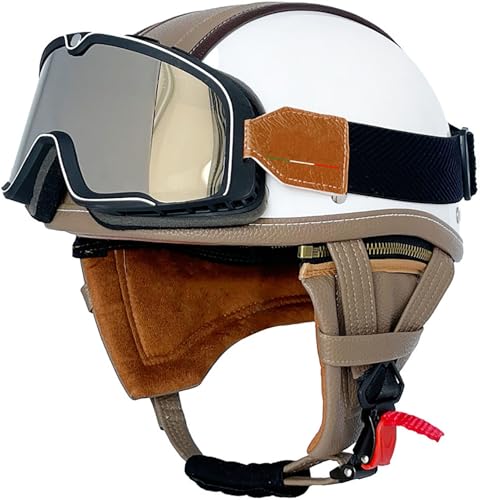 Retro Motorradhelm Lederhelm Jethelme Vintage Mopedhelm Mit Sonnenbrille DOT/ECE Zertifiziert Motorradkreuzer-Rollerhelm Im Deutschen Stil Open Face Helm Für Damen Und Herren 5,XXL=63-64CM von TBTBZXCV