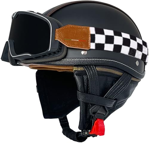 Retro Motorradhelm Lederhelm Jethelme Vintage Mopedhelm Mit Sonnenbrille DOT/ECE Zertifiziert Motorradkreuzer-Rollerhelm Im Deutschen Stil Open Face Helm Für Damen Und Herren 6,S=55-56CM von TBTBZXCV