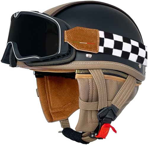 Retro Motorradhelm Lederhelm Jethelme Vintage Mopedhelm Mit Sonnenbrille DOT/ECE Zertifiziert Motorradkreuzer-Rollerhelm Im Deutschen Stil Open Face Helm Für Damen Und Herren 8,M=57-58CM von TBTBZXCV