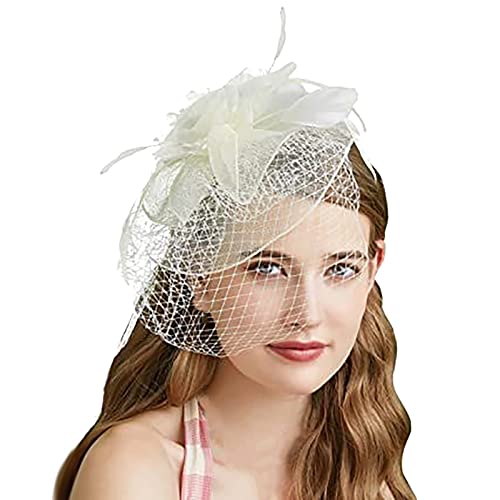 TDEOK Hüte für Damen Fascinators Damen Pillbox Blumenhut für Tea Party Hochzeit Kirche Volleyball Set Mit Netz (White, One Size) von TDEOK