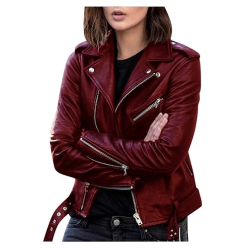 TDNEKMCA Damen-Kunst-Pu-Lederjacke, Revers, Lange Ärmel, Klassisch, Kurz, Moto-Biker-Lederjacke Mit Taschen, Punk-Motorrad-Stil, Stilvoller, Schmal Geschnittener Frühlings-Herbst-Mantel, Rot, 3XL TDNEKMCA Damen-Kunst-Pu-Lederjacke, Revers, Lange Ärmel, Klassisch, Kurz, Moto-Biker-Lederjacke Mit Taschen, Punk-Motorrad-Stil, Stilvoller, Schmal Geschnittener Frühlings-Herbst-Mantel, Rot, 3XL von TDNEKMCA