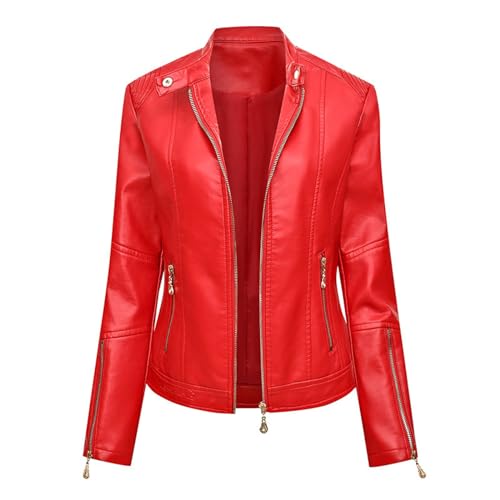 TDNEKMCA Faux-Pu-Lederjacke Für Damen, Stehkragen, Mehrere Reißverschlüsse, Lässige Motorrad-Biker-Langarm-Lederjacke, Rot, Frühling, Herbst, Klassischer Punk-Stil, Slim-Fit-Mantel, Rot, M TDNEKMCA Faux-Pu-Lederjacke Für Damen, Stehkragen, Mehrere Reißverschlüsse, Lässige Motorrad-Biker-Langarm-Lederjacke, Rot, Frühling, Herbst, Klassischer Punk-Stil, Slim-Fit-Mantel, Rot, M von TDNEKMCA