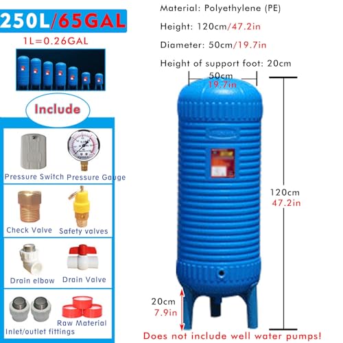 TDQWLY Pressure Tank Blue Water System Druckbehälter PE, Vordruck-Wasserspeichertank mit Einbausatz für Brunnenpumpe, Vertikale Großraum-Hausdruckbehälter(250L/65GAL) von TDQWLY