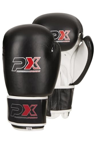 PX Boxhandschuhe schwarz-weiß Leder 16 Oz - Gepolsterte Trainingshandschuhe - Fitness, Sparring und Wettkampf - Ergonomisch - Unisex, Kinder, Erwachsene von TEKKA BUDO