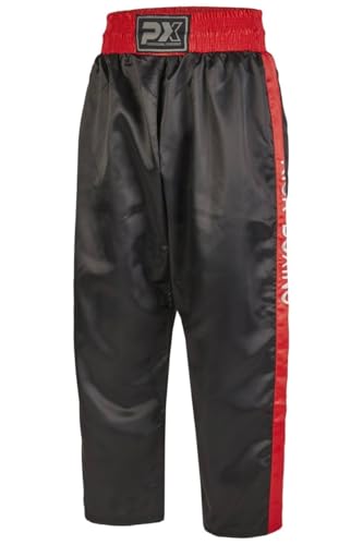 TEKKA BUDO Kickboxhose Basic PX Kickboxing Bestickung - schwarz rot mit Gummibund - Weiche Ausführung - Kickboxing Kampfsport Hose Bestickt - Größe 120 von TEKKA BUDO