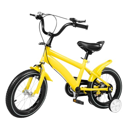 TESUGN 14 Zoll Kinderfahrrad mit Stützräder, Jungen Mädchen Fahrrad mit Abnehmbare Stützrädern, Höhenverstellbares gelbes Kinderfahrrad Geschenke von TESUGN