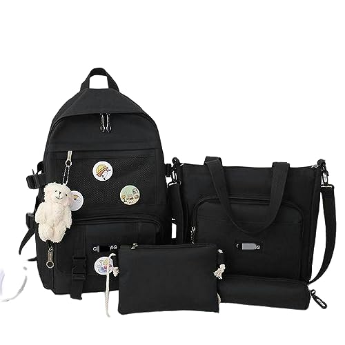 TEidea Schulrucksack Canvas-Schultaschen Im College-Stil – 4-Teiliges Set Für Mädchen Und Frauen Im Teenageralter-Schwarz von TEidea