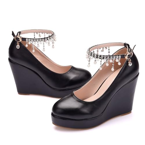 TFDRSEXVD 11cm Heels Frauen Keil Plattform Laufsteg Prom Knöchel Schnalle Runde Zehe Schuhe Pumps,Schwarz,38 von TFDRSEXVD