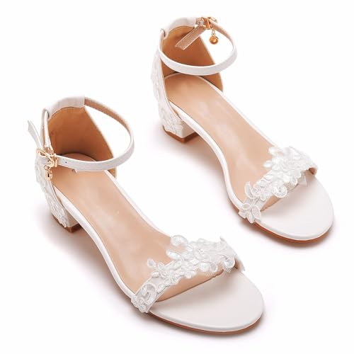 TFDRSEXVD Damen Sandalen mit Knöchelriemen, offener Spitze, klobiger Blockabsatz, für Hochzeit, Party, Kleid, Absatz,4.5 cm,43 von TFDRSEXVD