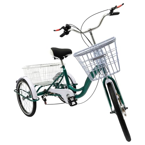 TFIANYNI 170x100cm 3 Rad Fahrrad Für Erwachsene Für 100kg 1.45-1.70m, 6 Gang Dreirad Senioren Mit 2 Korb, Hochkohlenstoffstahl, Kettenabdeckung, Trommelbremsen, Geschenk (Grün) von TFIANYNI