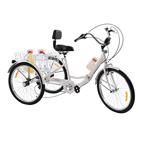 TFIANYNI 24 Zoll 7 Gang Klappbare Dreiräder Für Erwachsene, Fahrrad 3 Räder Mit Sitz Mit Rückenlehne, Becherhalter+Kotflügel+Scheinwerfer+Gemüsekorb, Einstellbare Geschwindigkeit Höhe (Weiß) von TFIANYNI