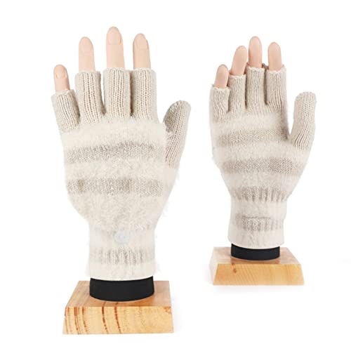 THINCAN Handschuhe, Fingerlose Fäustlinge mit Cartoon-Streifen und Klappdeckel, Winter-Strickhandschuhe, Dehnbare, weiche Fäustlinge, elastische, warme Schreibfäustlinge von THINCAN