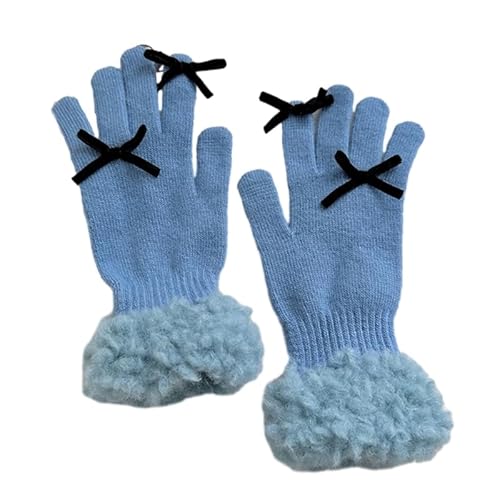 THINCAN Handschuhe, Strickhandschuhe mit Plüschmanschetten, Winterfäustling, kleine Schleife, Vollfingerhandschuhe für Teenager von THINCAN