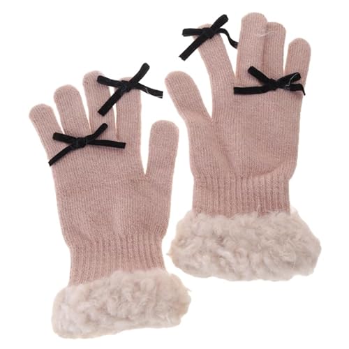 THINCAN Handschuhe, Strickhandschuhe mit Plüschmanschetten, Winterfäustling, kleine Schleife, Vollfingerhandschuhe für Teenager von THINCAN