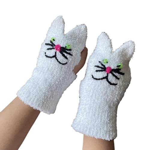 THINCAN Handschuhe, Winter Strickhandschuhe Stickerei Katzendesign Damen Halbfingerhandschuhe Verdicken Sie warme Handschuhe zum Skifahren im Freien Touchscreen von THINCAN