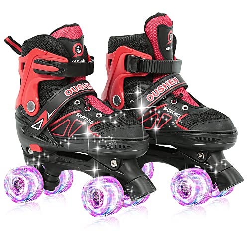 Verstellbare Inline-Skates mit leuchtenden Rädern, helle und lustige Rollschuhe – Modell A ist nicht blinkend, Modell B ist komplett blinkend. (B-S, Rot-Schwarz) von THINFAR