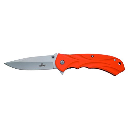 THIRD Messer K2451L mit Kraftunterstützung, orangefarbener gummierter Aluminiumgriff, 10 cm Lange Klinge aus rostfreiem Stahl, satiniert. Mit Clip, mit Deckel. von THIRD