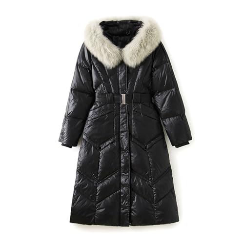 THOYBMO Daunenjacke Down Jacket Damen Lang Gepolsterter Puffermantel Mit Kapuze Winterisolierte Oberbekleidung Aus Weißer Entendaunen,Black,M(50 von THOYBMO