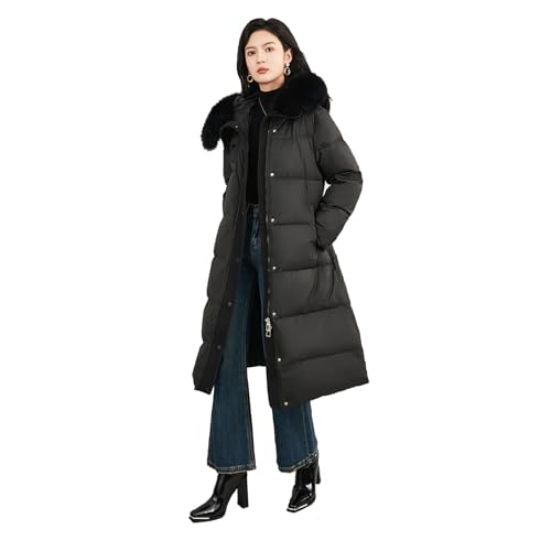 THOYBMO Daunenjacke Down Jacket Damen Lang Gesteppt Puffer Mantel Winter Warme Kapuze Weiße Gänsedaunenjacke Mantel,Black,L(55 von THOYBMO