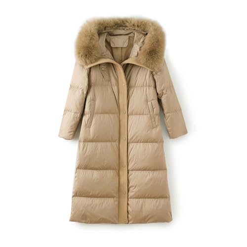 THOYBMO Daunenjacke Down Jacket Damen Lang Gesteppt Puffer Mantel Winter Warme Kapuze Weiße Gänsedaunenjacke Mantel,Khaki,S(42.5 von THOYBMO