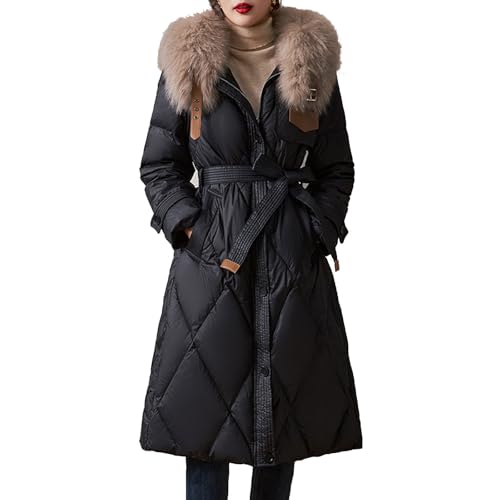 THOYBMO Daunenjacke Down Jacket Damen Winter Verdicken Puffer Mantel Warm Kältebeständig Pelzkragen Kapuzengürtel Oberbekleidung,Black,XXL(65 von THOYBMO