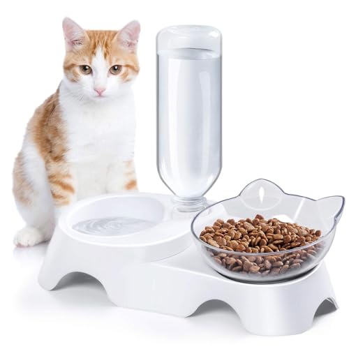 THOYBMO Hundenapf Katzen Dog Cat Bowls Um 15° Geneigtes Wasser Futternapf Set Automatischer Tränkeflasche für Kleine Oder Mittelgroße Hunde Katzen,White von THOYBMO