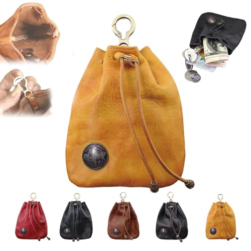 Handmade Cowhide Retro Storage Bag, Portable Retro Handmade Key Pouch, Retro Coin Purse Handmade Leather Wallet, Money Storage Loose Change Organizer for Coins,Cash and Credit Card (One Size,Yellow) von THQERAER