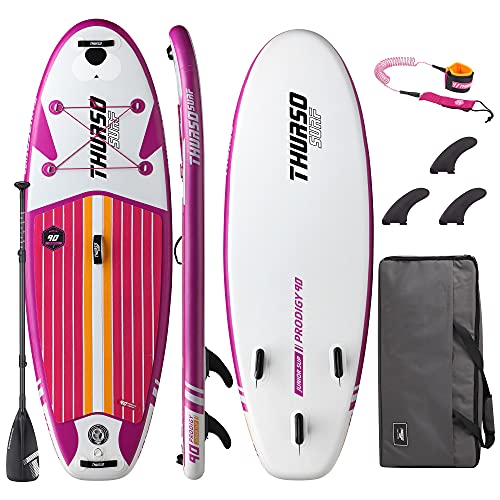 THURSO SURF Wunderkind Junior Kinder aufblasbares Stand Up Paddling Board SUP 228x76x10 cm ZWEISCHICHTIG Inclusive Paddel mit KARBON-Schaft/3 Flossen mit Schnellverschluss/Leine/Seesack (Magenta) von THURSO SURF